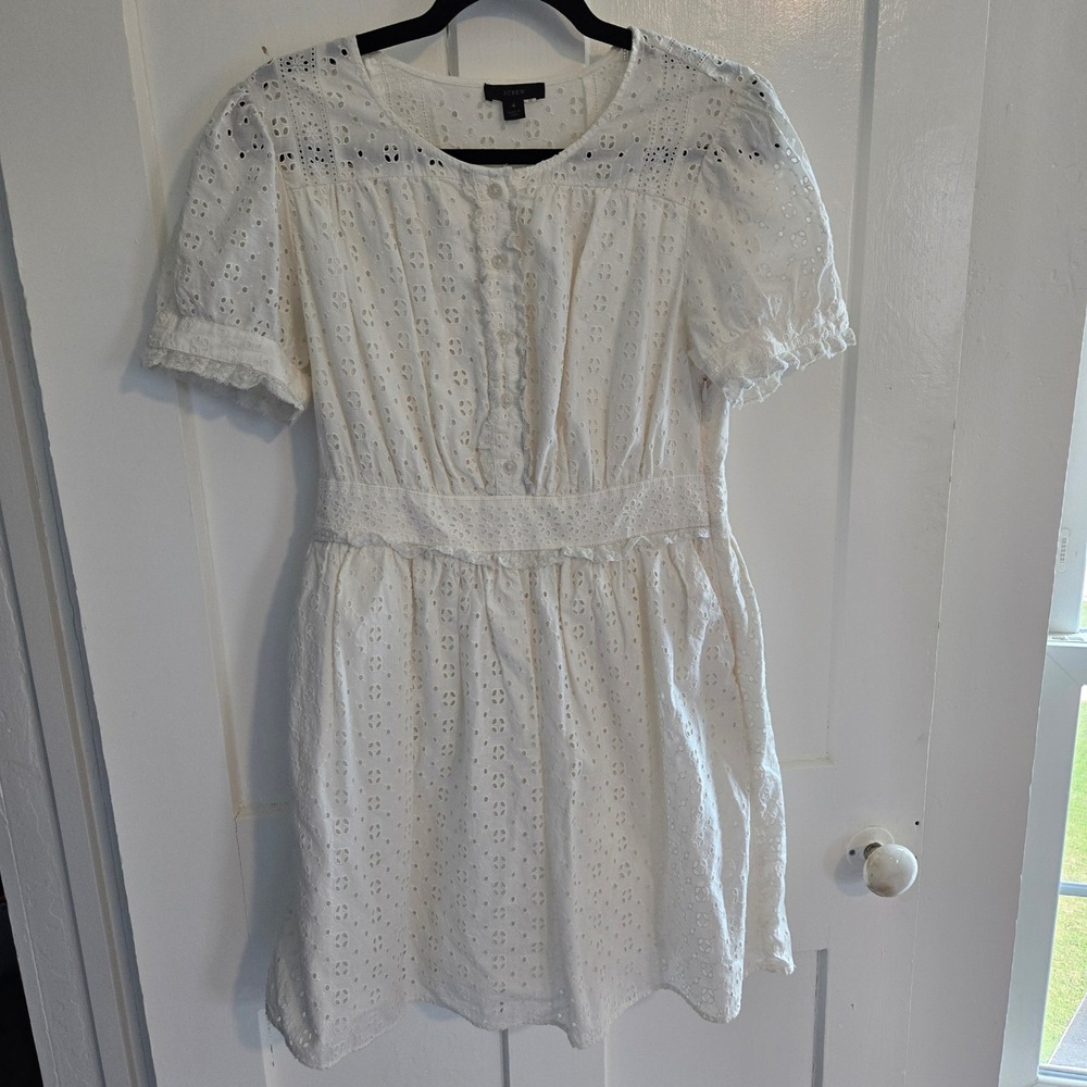 J.Crew White Eyelet Lace Cotton Mini Dress Short Puff Sleeve Button Front Size 4 - Picture 4 of 16